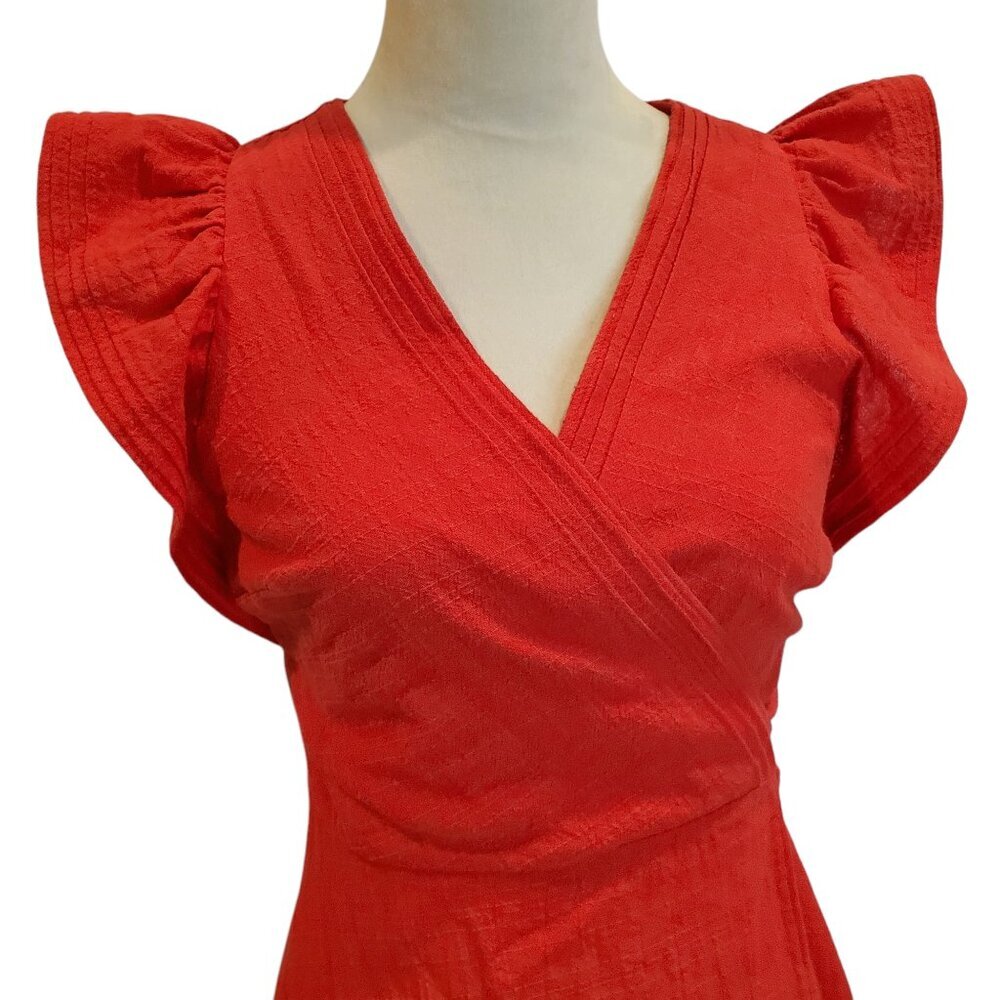 MADEWELL Red Mini Dress Ruffle-Sleeve Wrap 100% Cotton - Picture 4 of 14